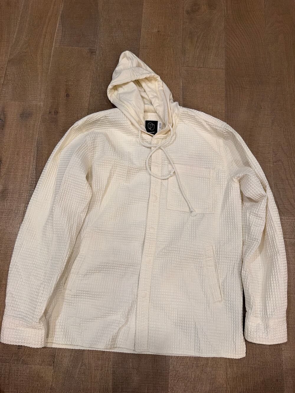 Original Use cream waffle knit hooded snap-front shirt jacket (shacket)
